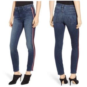 MOTHER High-Rise Skinny Jeans with Pink and Red Side Stripe - Dark Indigo